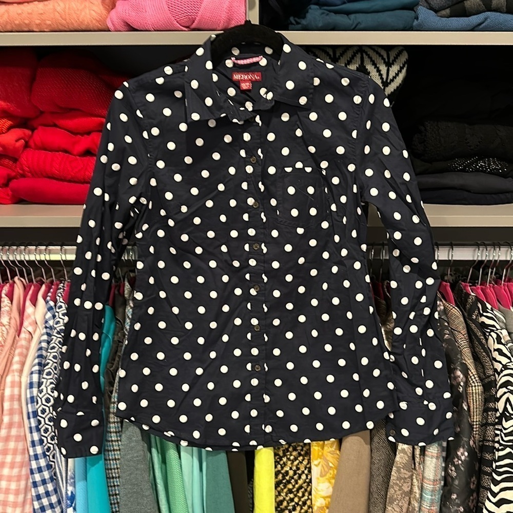 Merona navy with white polka dots button down shirt size XS
